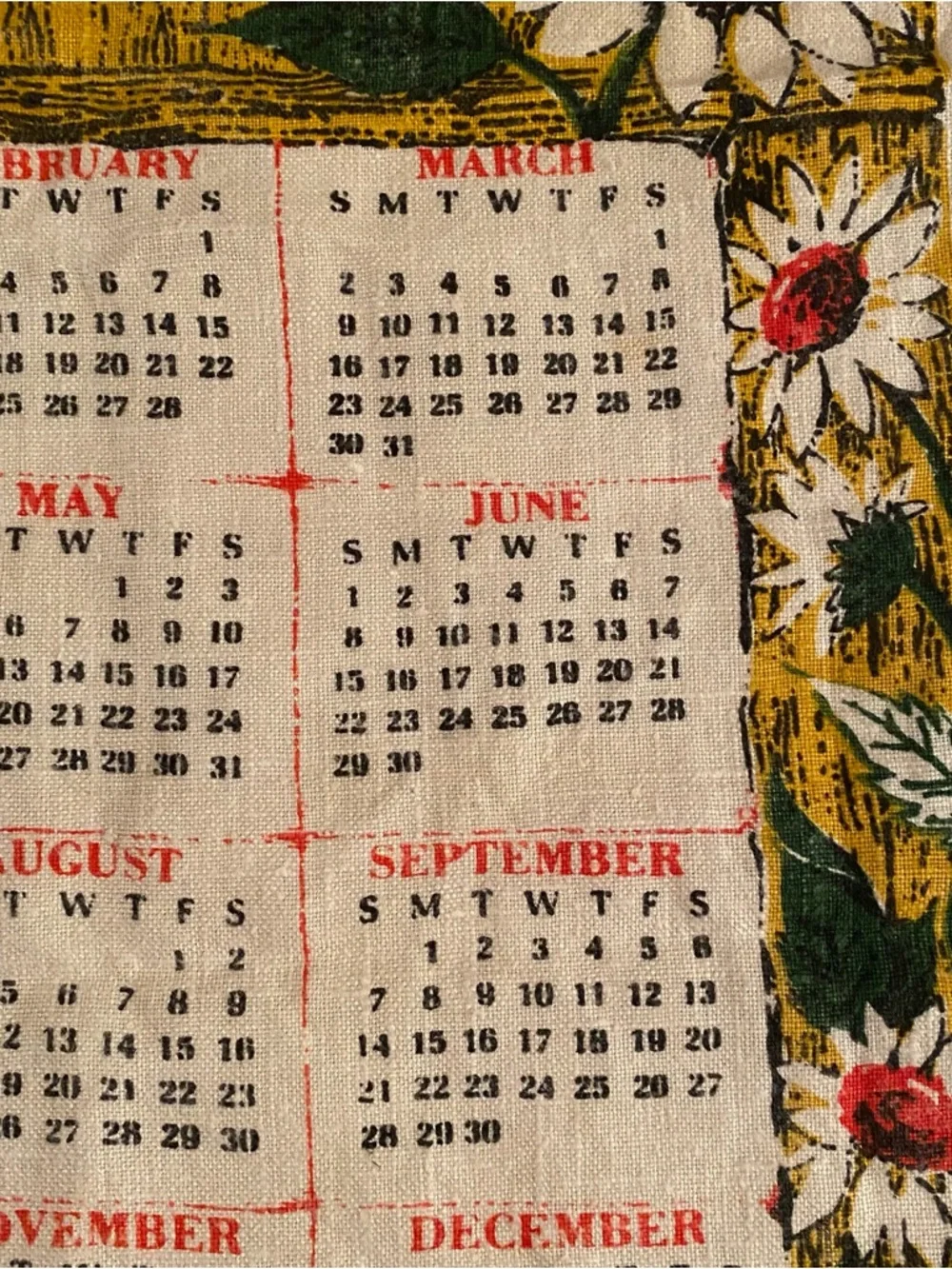 Vintage 1969 Dish Towel Calendar Rooster & Flowers Linen Retro Rustic Farmhouse
